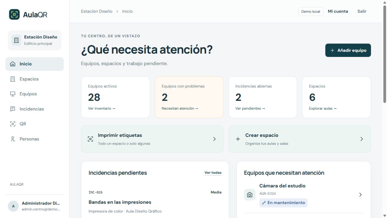 Panel real de administración de AulaQR