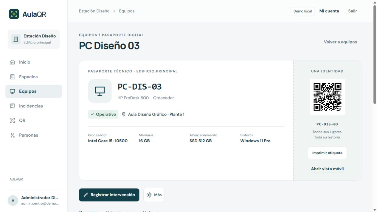 Captura real del pasaporte de PC Diseño 03 en AulaQR